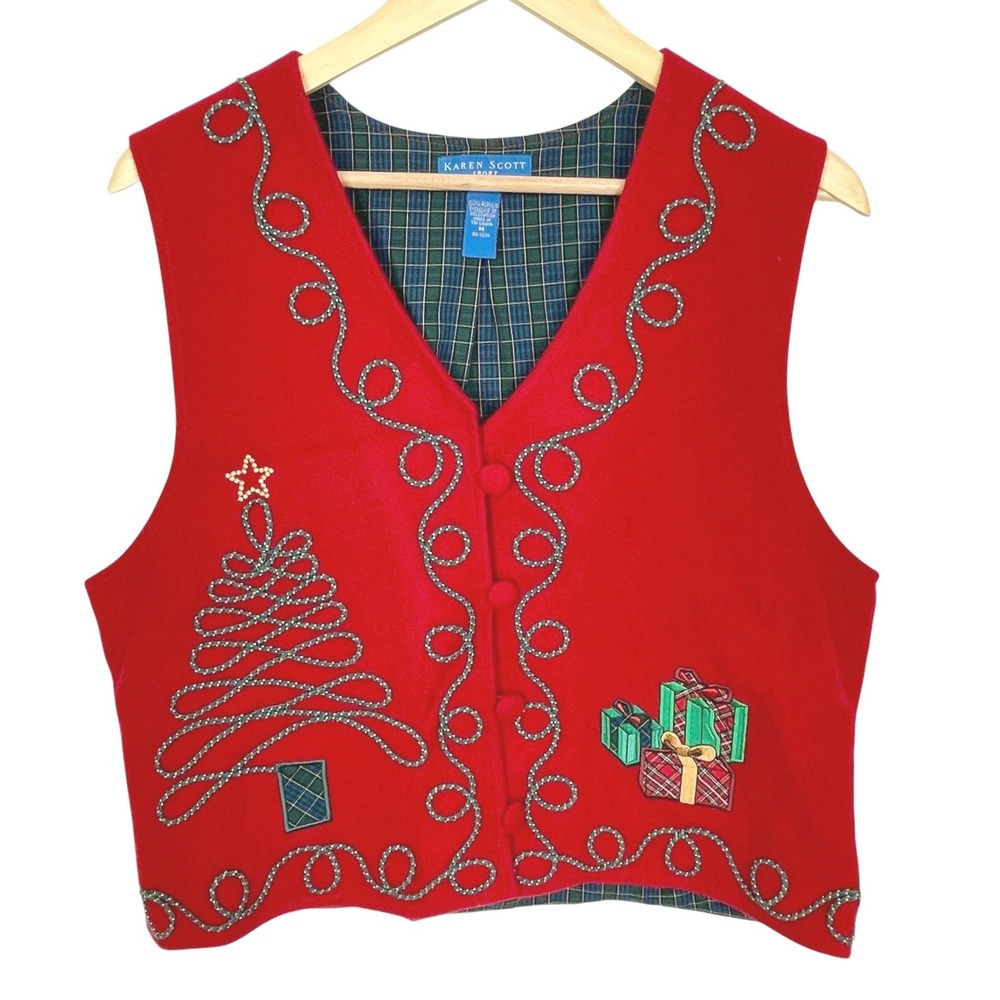 Vintage Womens Red Christmas Tree Present Applique Vest Size M Festive Holiday